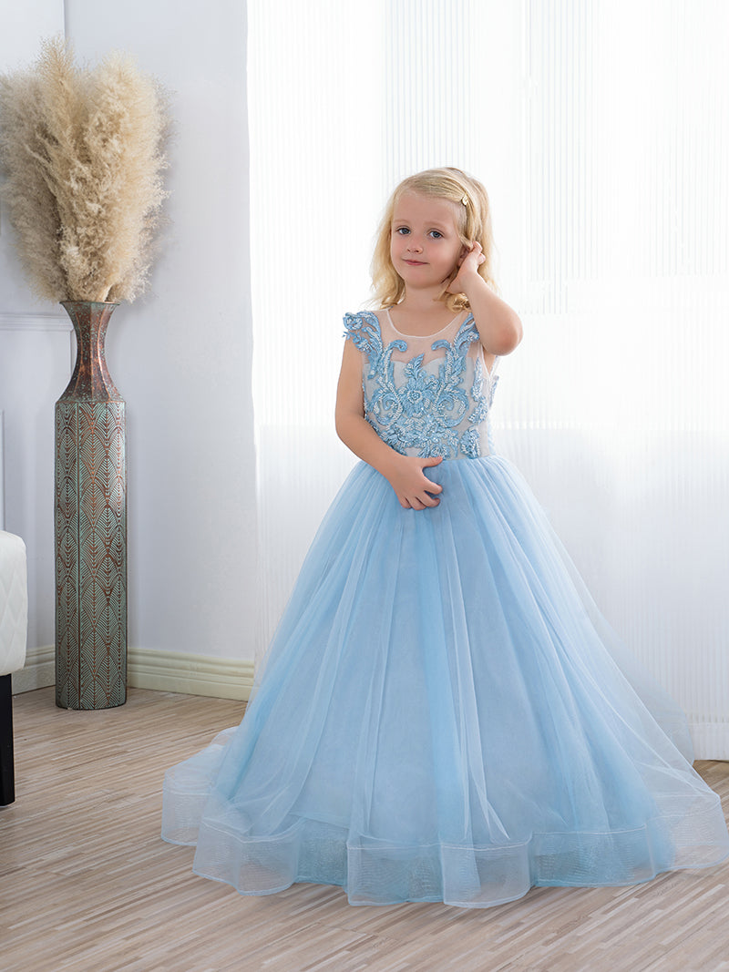 Cute Long A-line Tulle Boho Blue Flower Girl Dresses with bow-BIZTUNNEL