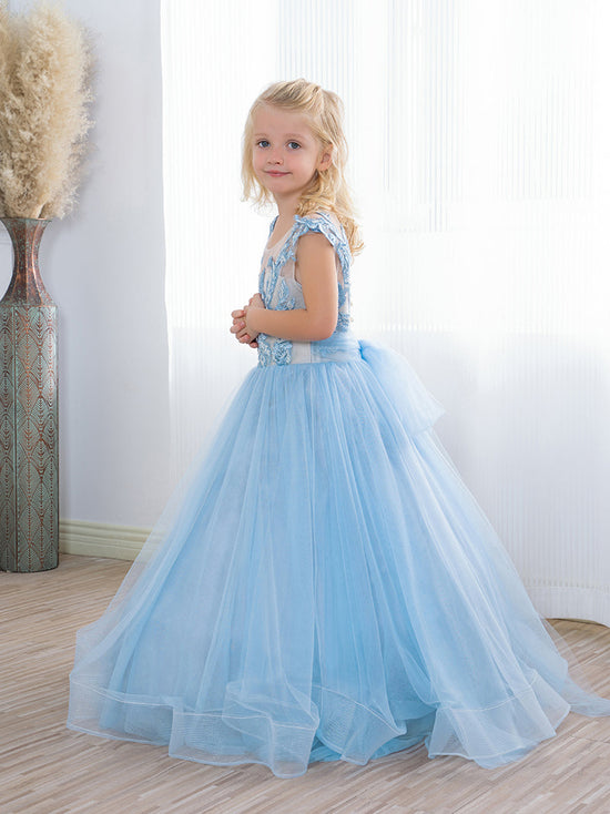 Cute Long A-line Tulle Boho Blue Flower Girl Dresses with bow-BIZTUNNEL