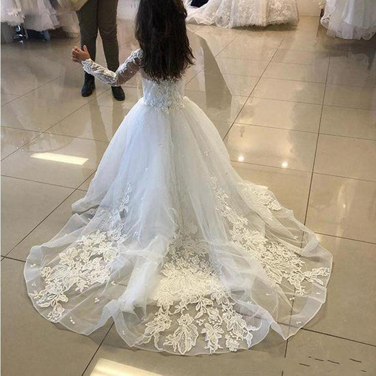 Cute Long A-line Tulle Lace Flower girl dresses with sleeves-BIZTUNNEL