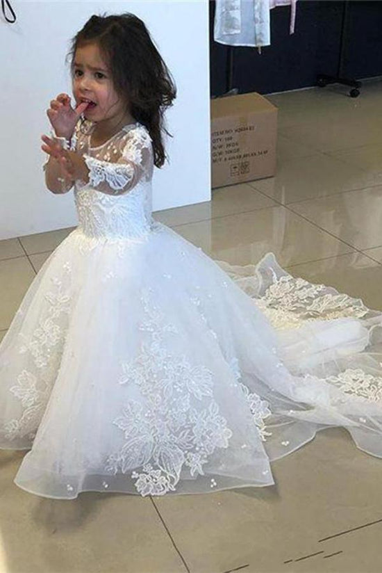 Cute Long A-line Tulle Lace Flower girl dresses with sleeves-BIZTUNNEL