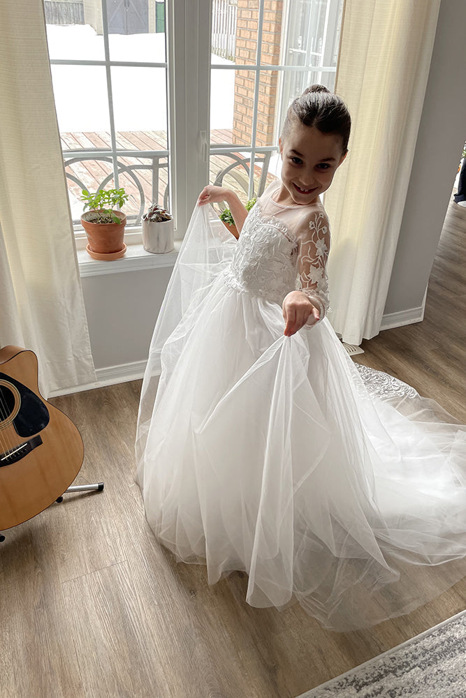 Cute Long Boho A-line Lace Tulle Flower Girl Dresses with sleeves-BIZTUNNEL