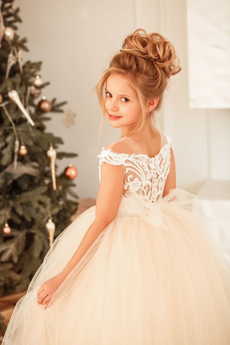 Cute Long Princess Tulle Lace Flower Girl Dress-BIZTUNNEL