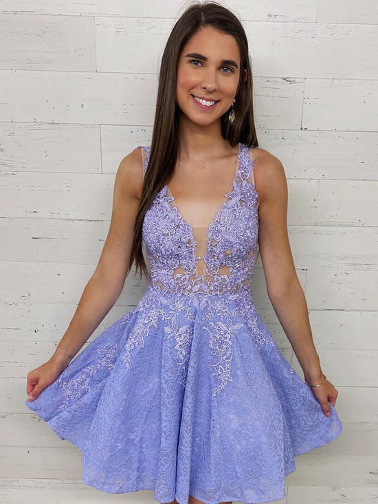 Cute Purple Short A-line V Neck Lace Prom Homecoming Dresses-BIZTUNNEL