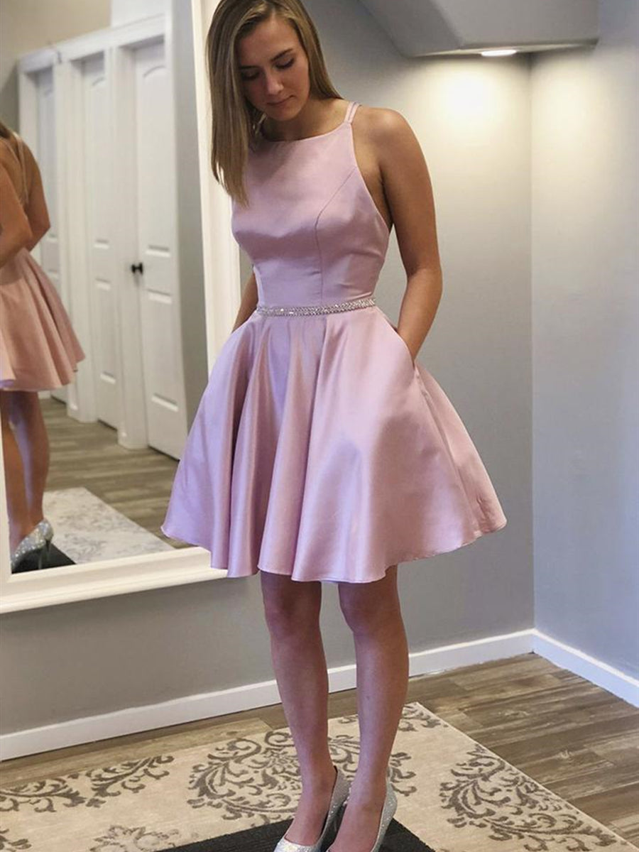Cute Short A-line Backless Satin Prom Homecoming Dresses with Pocket-BIZTUNNEL