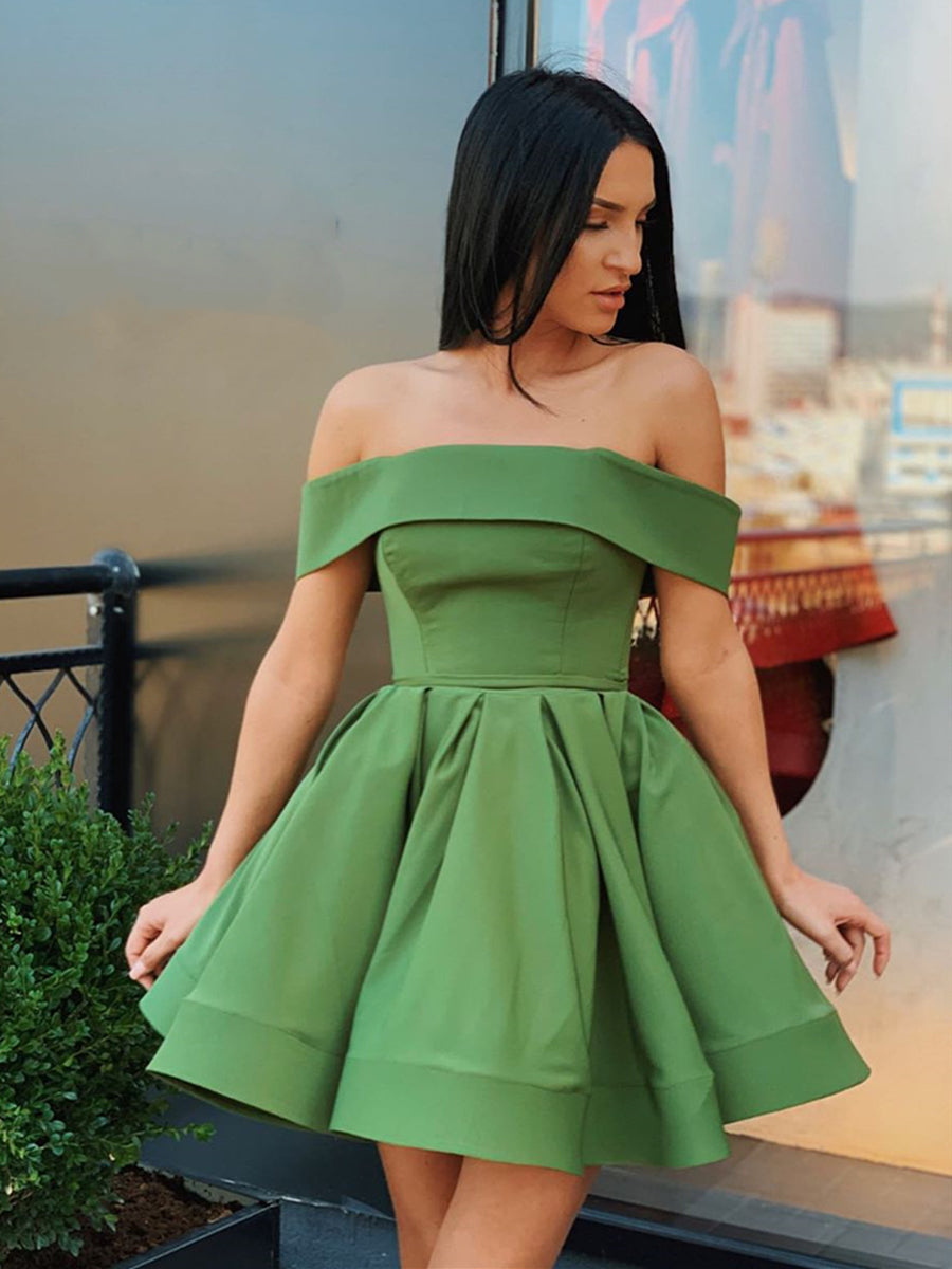 Load image into Gallery viewer, Cute Short A-line Off the Shoulder Green Prom Homecoming Graduation Dresses-BIZTUNNEL
