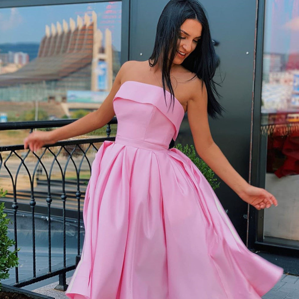 Cute Short A-line Strapless Satin Prom Homecoming Dresses BIZTUNNEL Cute Short A-line Strapless Satin Prom Homecoming Dresses BIZTUNNEL