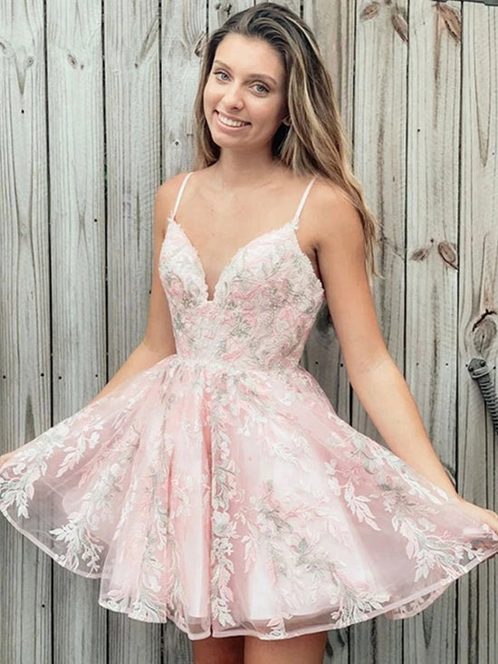Cute Short A-line V Neck Lace Appliques Prom Homecoming Dresses-BIZTUNNEL