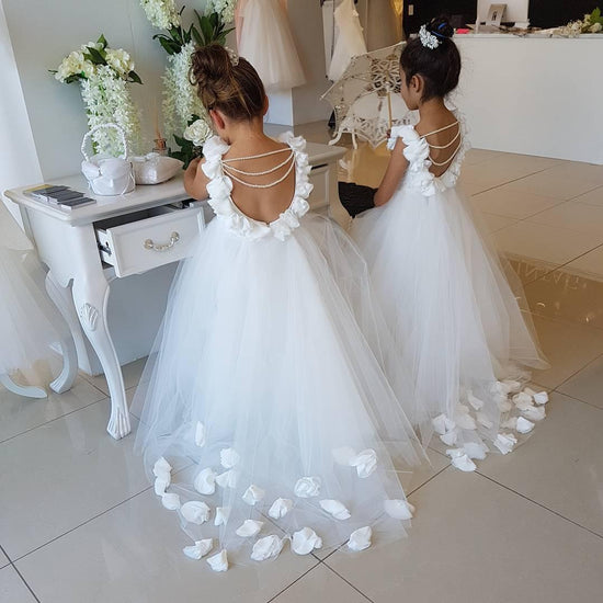 Cute Tulle Appliques Backless Flower Girl Dresses with Pearls-BIZTUNNEL