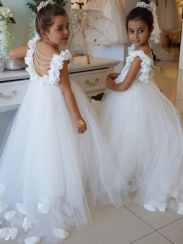 Cute Tulle Appliques Backless Flower Girl Dresses with Pearls-BIZTUNNEL