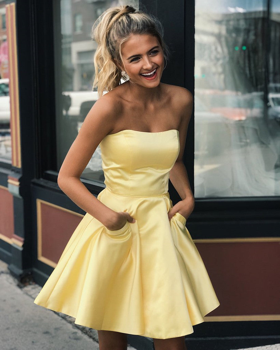 Cute Yellow A-line Strapless Satin Short Prom Homecoming Dresses with Pockets-BIZTUNNEL
