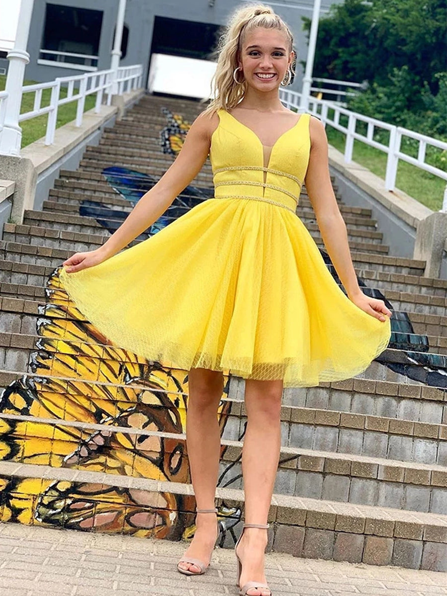 Cute Yellow Short A Line V Neck Prom Homecoming Dresses with Thin Belt-BIZTUNNEL