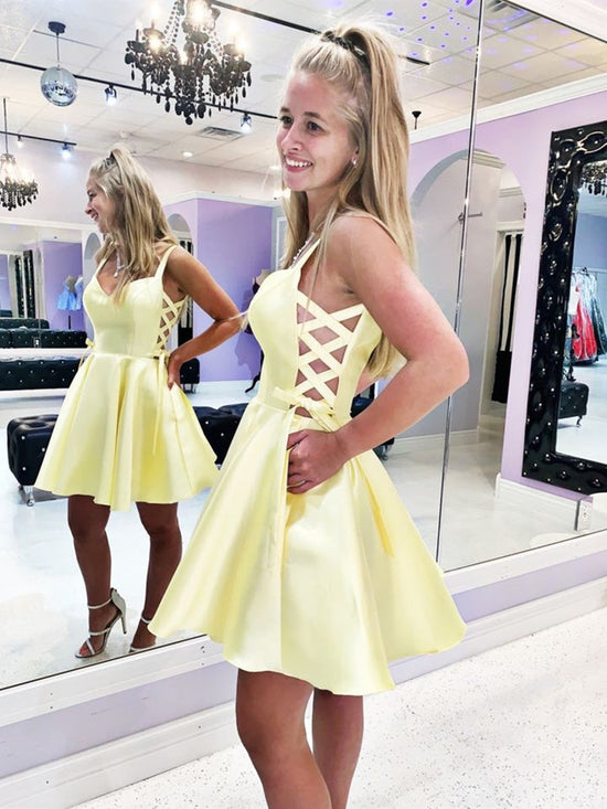Cute Yellow Short A-line V Neck Satin Prom Homecoming Dresses with Pockets-BIZTUNNEL