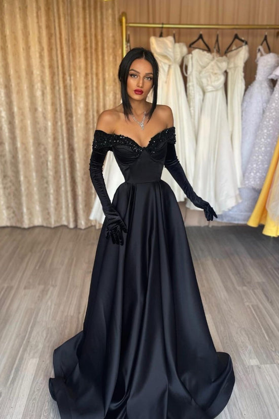 Strapless A-Line Black Prom Dress with Gloves in Charmeuse