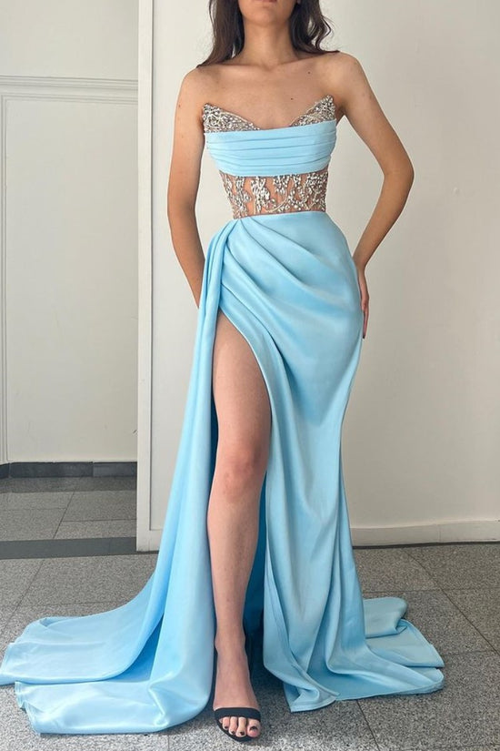 Sky Blue Strapless Beadings Mermaid Prom Dress With Split