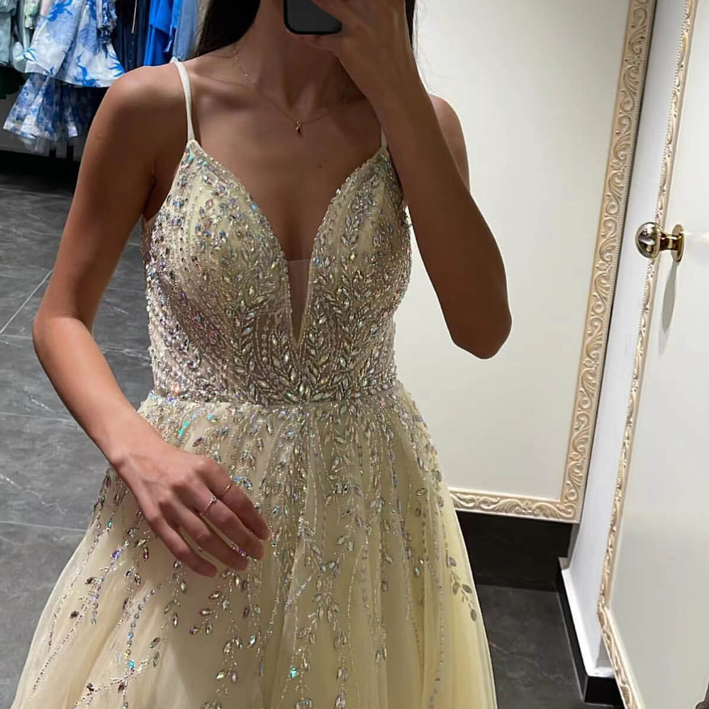 Daffodil Long A-Line V-Neck Spaghetti Strap Tulle Prom Dress with Beads