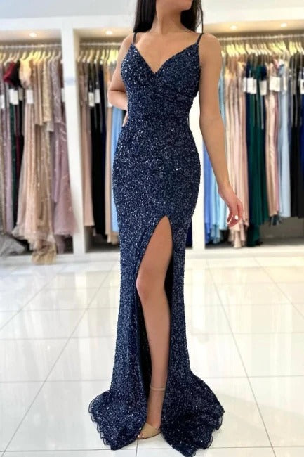 Dark Blue Glitter Long Mermaid Spaghetti Straps V-neck Prom Dresses With Slit-BIZTUNNEL