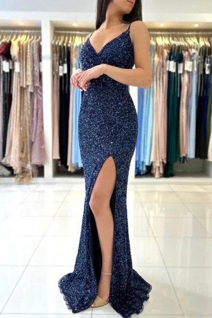 Dark Blue Glitter Long Mermaid Spaghetti Straps V-neck Prom Dresses With Slit-BIZTUNNEL