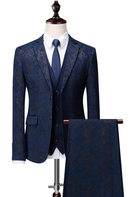 Alger Fancy Dark Blue Jacquard Three Pieces Notched Lapel Prom Suits