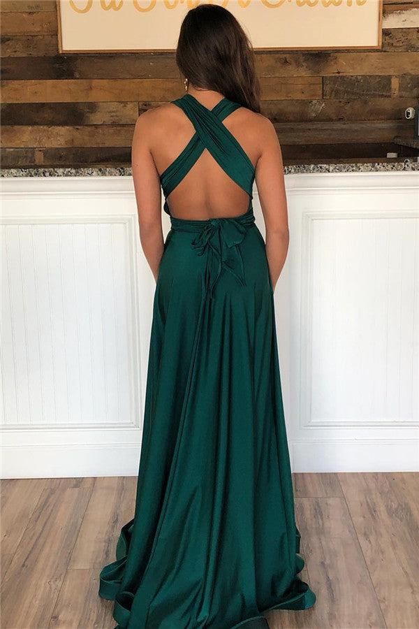Dark Green Long A-Line Halter Open Back Prom Dress With Slit-BIZTUNNEL