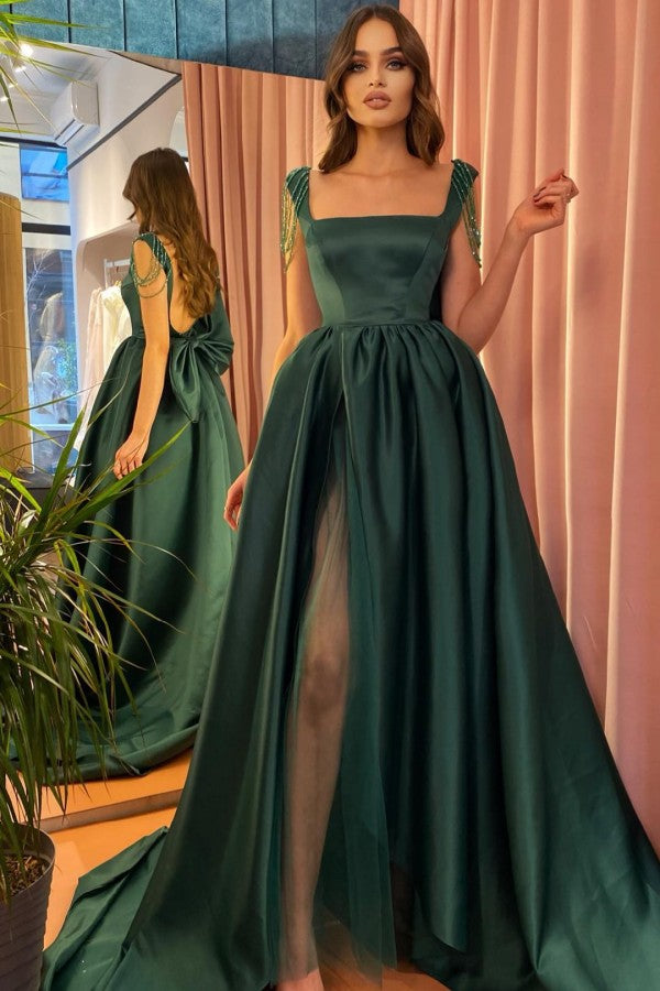 Dark Green Long A-line Satin Front Slit Open Back Prom Dress With Bow-BIZTUNNEL