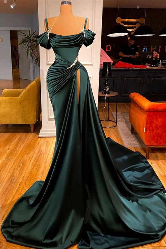 Dark Green Long Off-the-Shoulder Mermaid Prom Dress with Slit-BIZTUNNEL