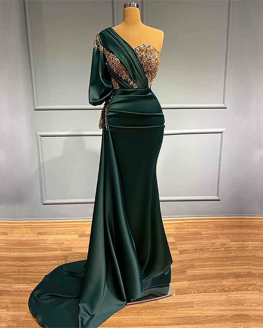 Dark Green One Shoulder Beaded Long Mermaid Prom Dress with Appliques BIZTUNNEL Dark Green One Shoulder Beaded Long Mermaid Prom Dress with Appliques BIZTUNNEL