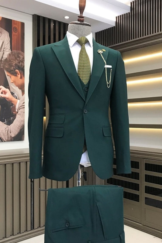 Bart Dark Green Peaked Lapel Three Pieces Chic Prom Suits