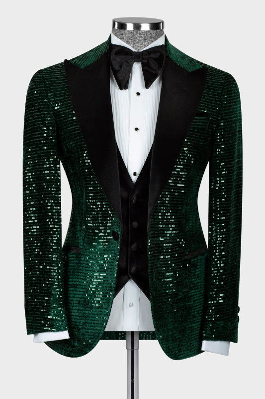Hiram Decent Dark Green Peaked Lapel Three Pieces Sequins Prom Suits