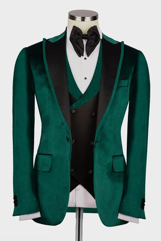 Hayden Stylish Dark Green Peaked Lapel Three Pieces Velvet Prom Suits