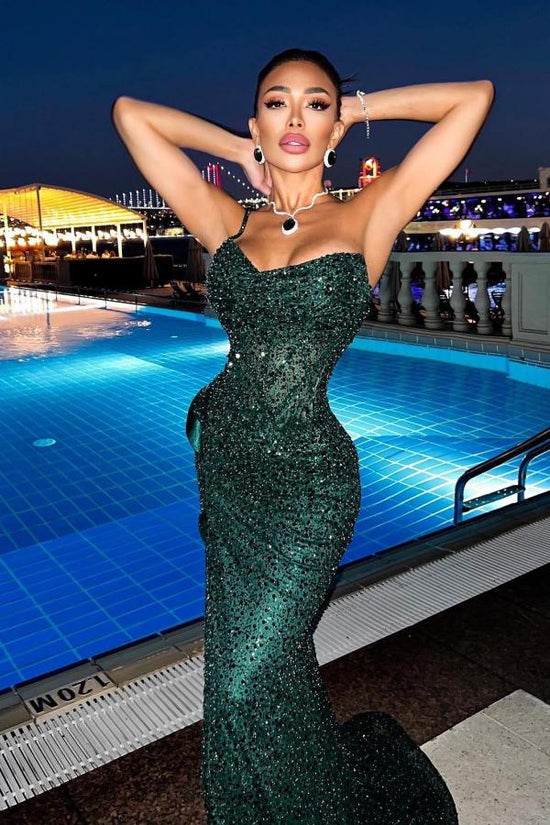 Dark Green Sparkly Long Mermaid Sweetheart Sequins Prom Dresses with Slit-BIZTUNNEL