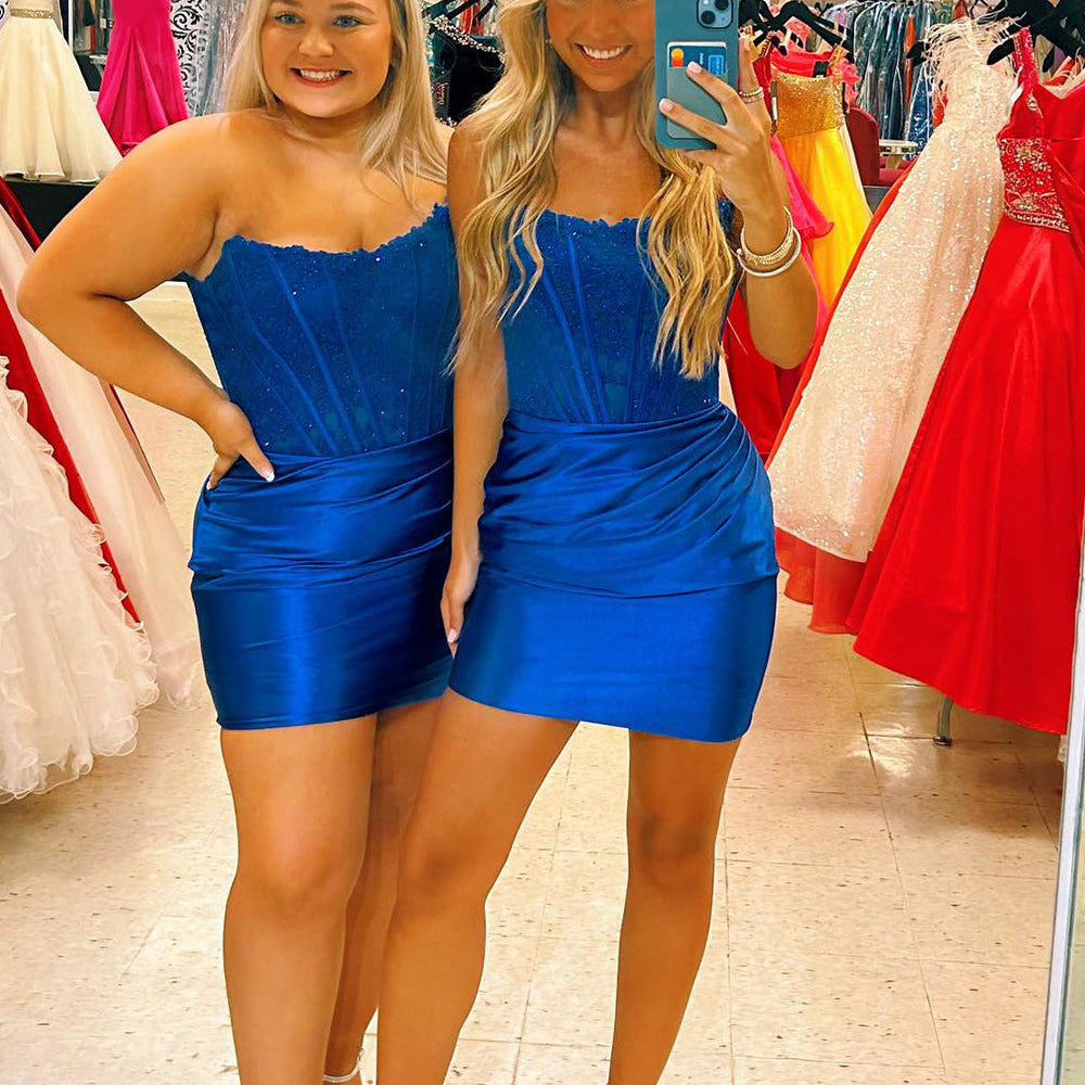 
                  
                    Dark Green Strapless Satin Corset Tight Short Homecoming Dress (Gloves not Included)
                  
                