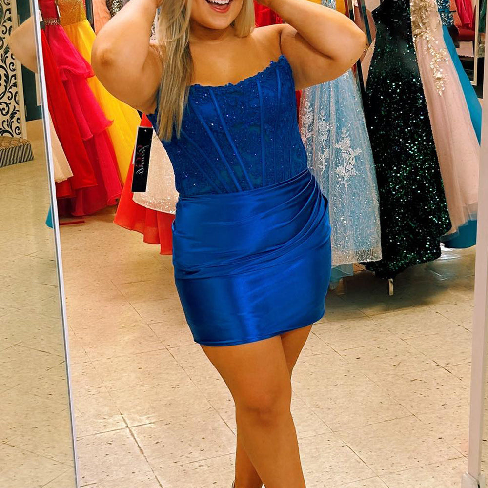 
                  
                    Dark Green Strapless Satin Corset Tight Short Homecoming Dress (Gloves not Included)
                  
                