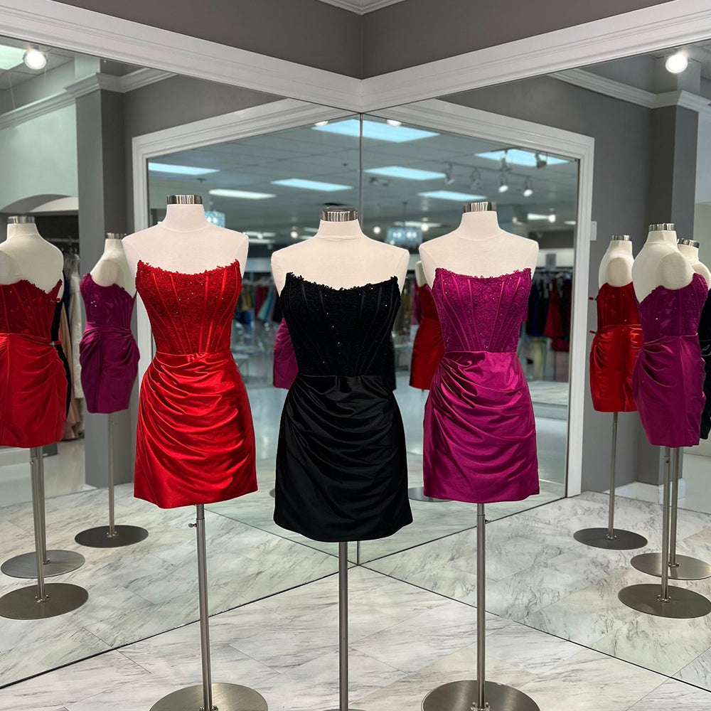 
                  
                    Dark Green Strapless Satin Corset Tight Short Homecoming Dress (Gloves not Included)
                  
                