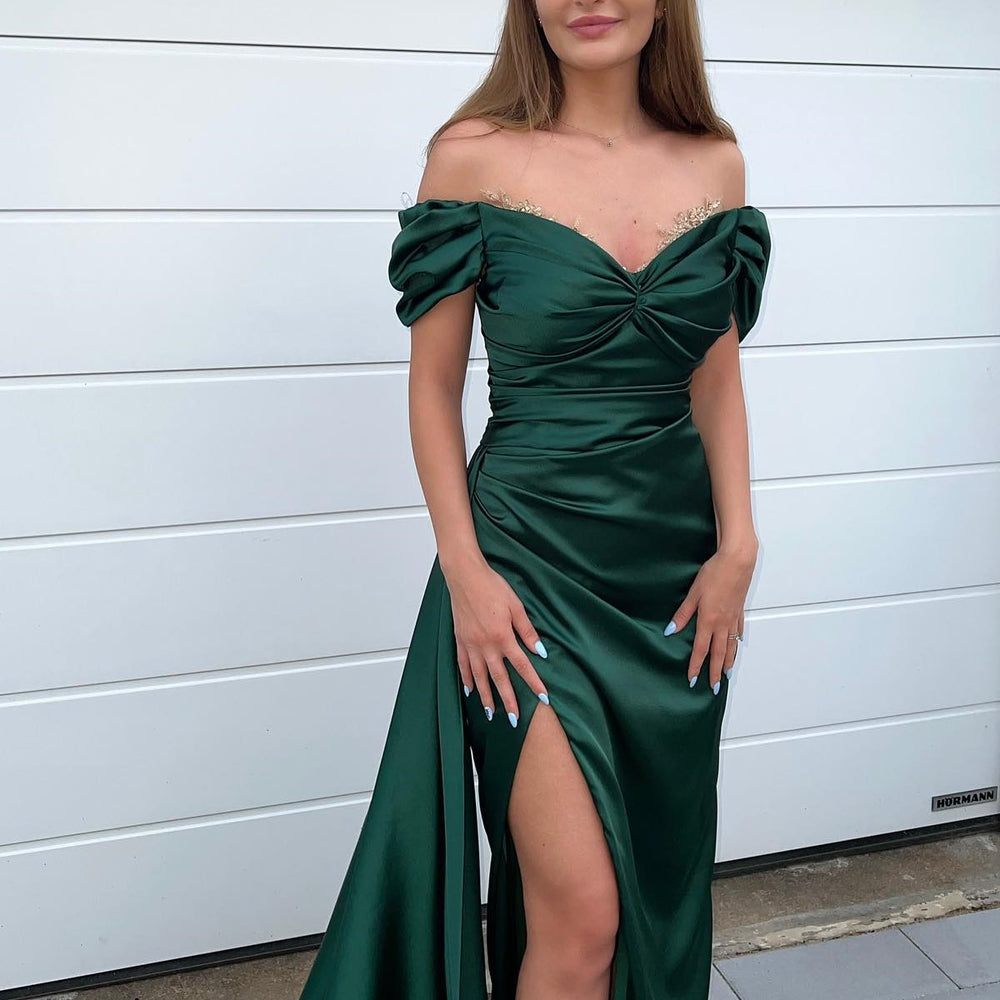 Dark Green Long Off the Shoulder Satin Sweetheart Mermaid Prom Dress with Front Split