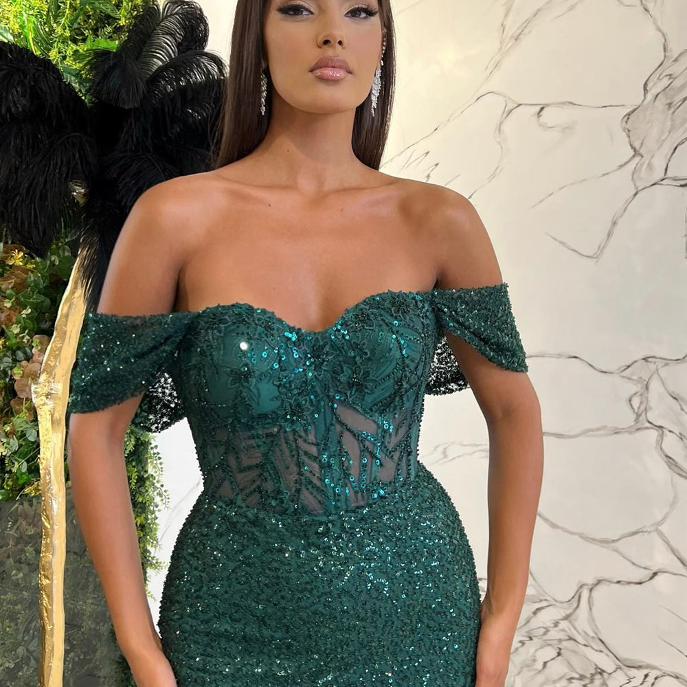 Dark Green Long Sweetheart Sequins Off-The-Shoulder Prom Dress with Appliques