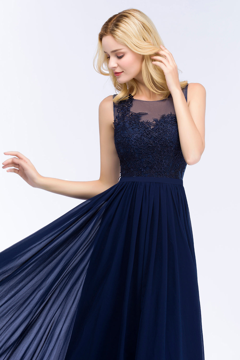Dark Navy Long A-line Chiffon Appliques Lace Bridesmaid Dresses Dark Navy Long A-line Chiffon Appliques Lace Bridesmaid Dresses