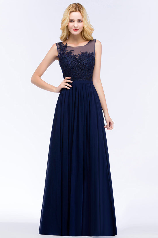 Carregar imagem no visualizador da galeria, Dark Navy Long A-line Chiffon Appliques Lace Bridesmaid Dresses-BIZTUNNEL
