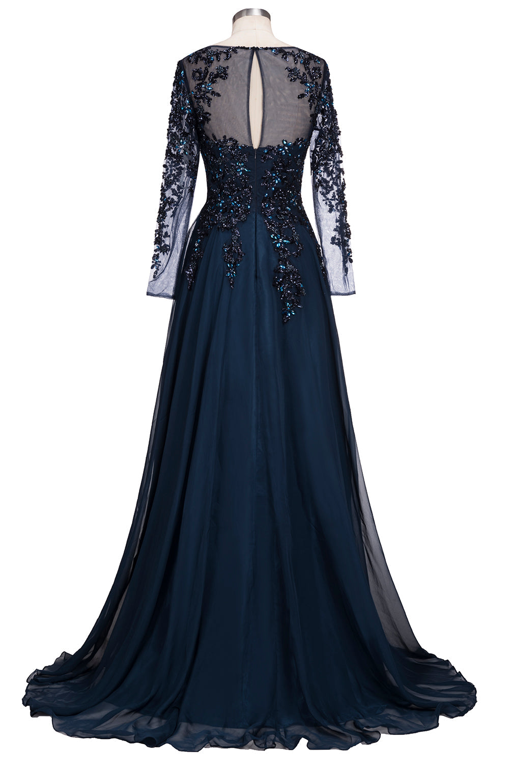 Dark Navy Long A-line Jewel Tulle Formal Evening Dresses with Sleeves-BIZTUNNEL