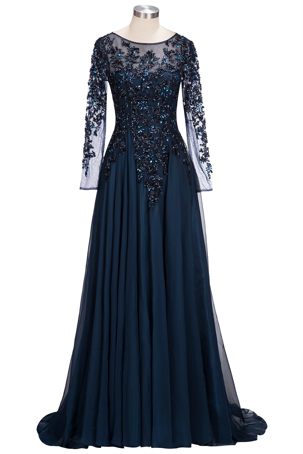 Dark Navy Long A-line Jewel Tulle Formal Evening Dresses with Sleeves-BIZTUNNEL