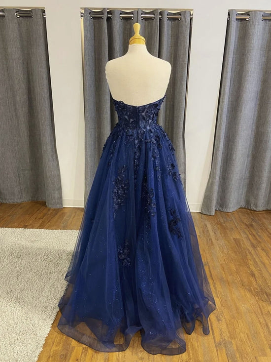 Dark Navy Long A-line Tulle Lace Backless Formal Prom Dresses-BIZTUNNEL