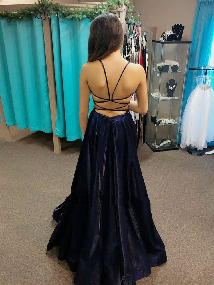 Dark Navy Long A-Line V-Neck Satin Open Back Formal Graduation Prom Dresses Dark Navy Long A-Line V-Neck Satin Open Back Formal Graduation Prom Dresses