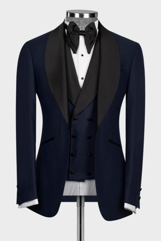 Eric Dark Navy Shawl Lapel Three Pieces Wedding Men Suits