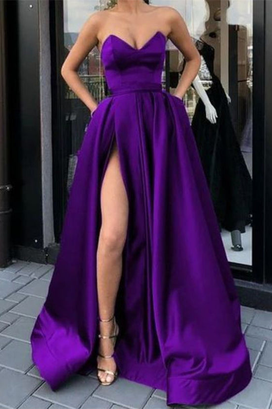 Stunning Purple Prom Gown with Chic Split and Convenient Pockets