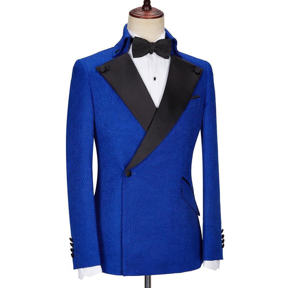 
                  
                    Dean Fashion New Arrival Royal Blue Jacquard Wedding Suits with Black Lapel
                  
                