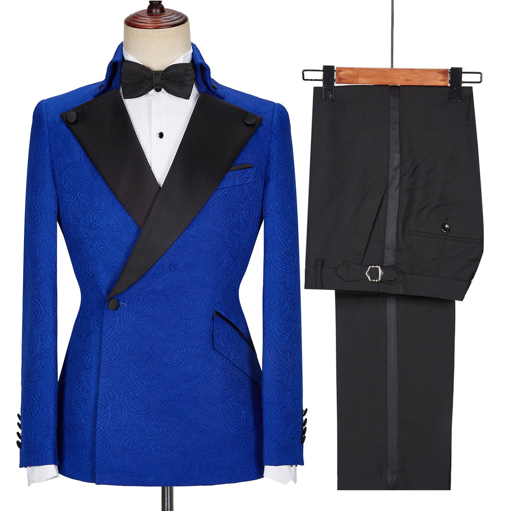 
                  
                    Dean Fashion New Arrival Royal Blue Jacquard Wedding Suits with Black Lapel
                  
                