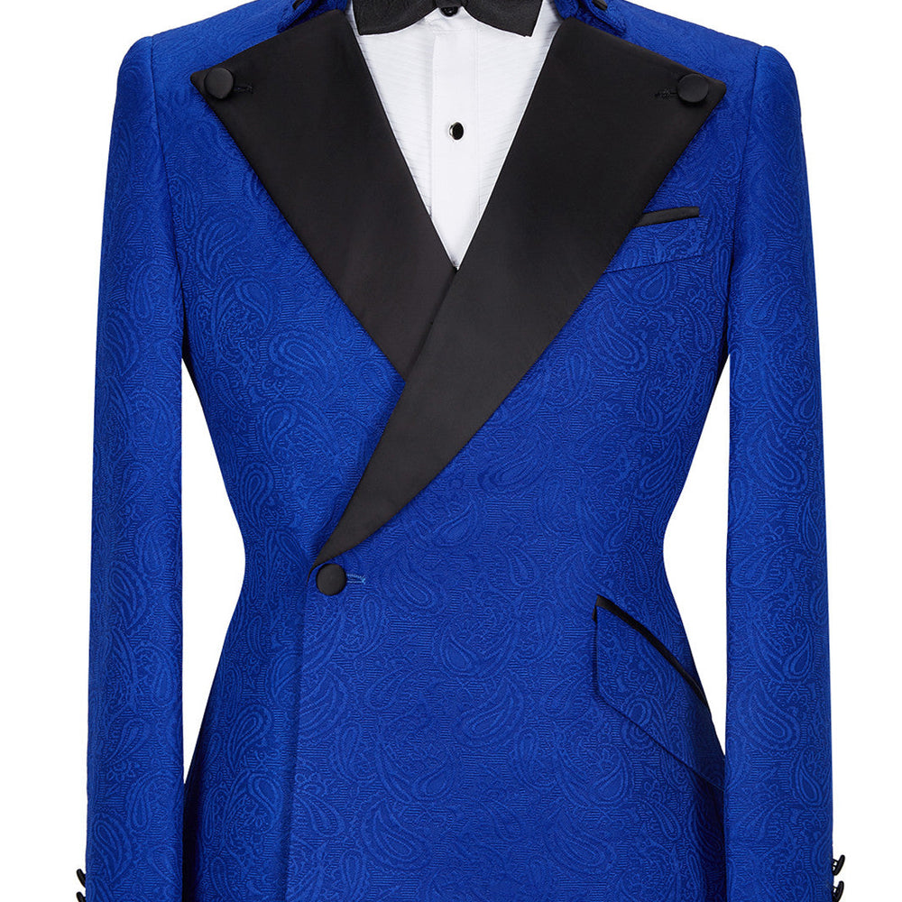 Dean Fashion New Arrival Royal Blue Jacquard Wedding Suits with Black Lapel