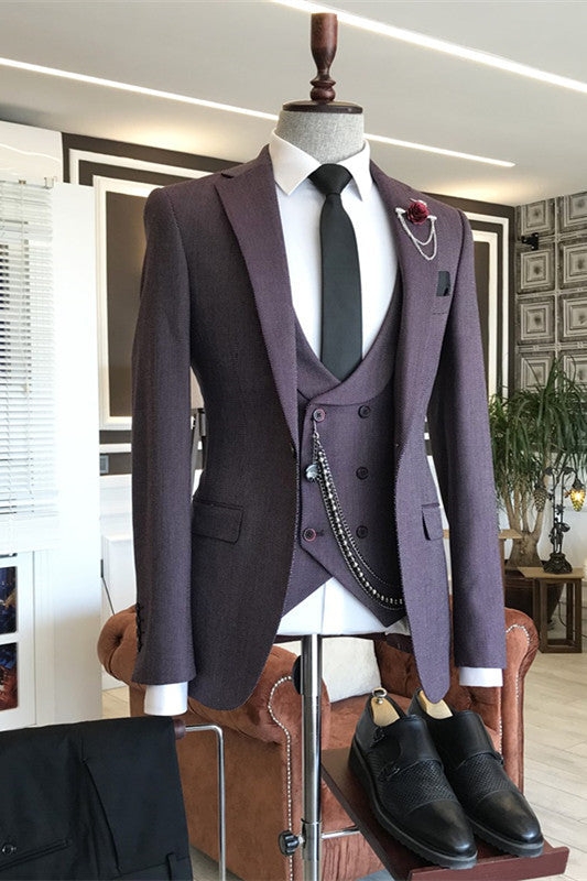 Gilbert Deep Purple Peaked Lapel Three Pieces Bespoke Prom Suits