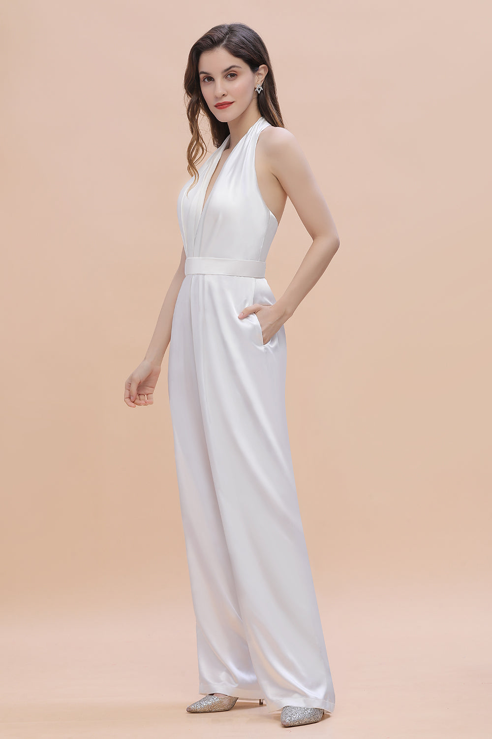 Load image into Gallery viewer, Deep V-neck Halter Wide Straps Open Back White Jumpsuit With Pockets-BIZTUNNEL
