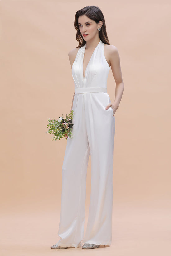 Load image into Gallery viewer, Deep V-neck Halter Wide Straps Open Back White Jumpsuit With Pockets-BIZTUNNEL
