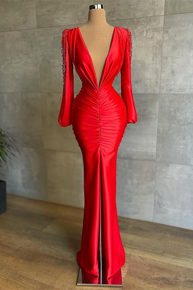 Deep V-Neck Red Mermaid Prom Dress Long Sleeves